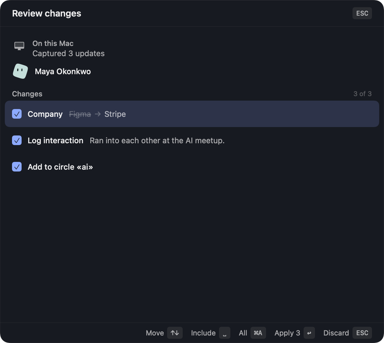Kin's review screen listing three proposed changes with checkboxes